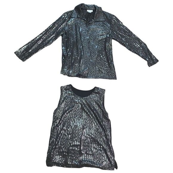 ReBeKah Womens Size Small Collared Shirt and Tank Blouse Set Black Shimmer Sheer - Picture 3 of 7